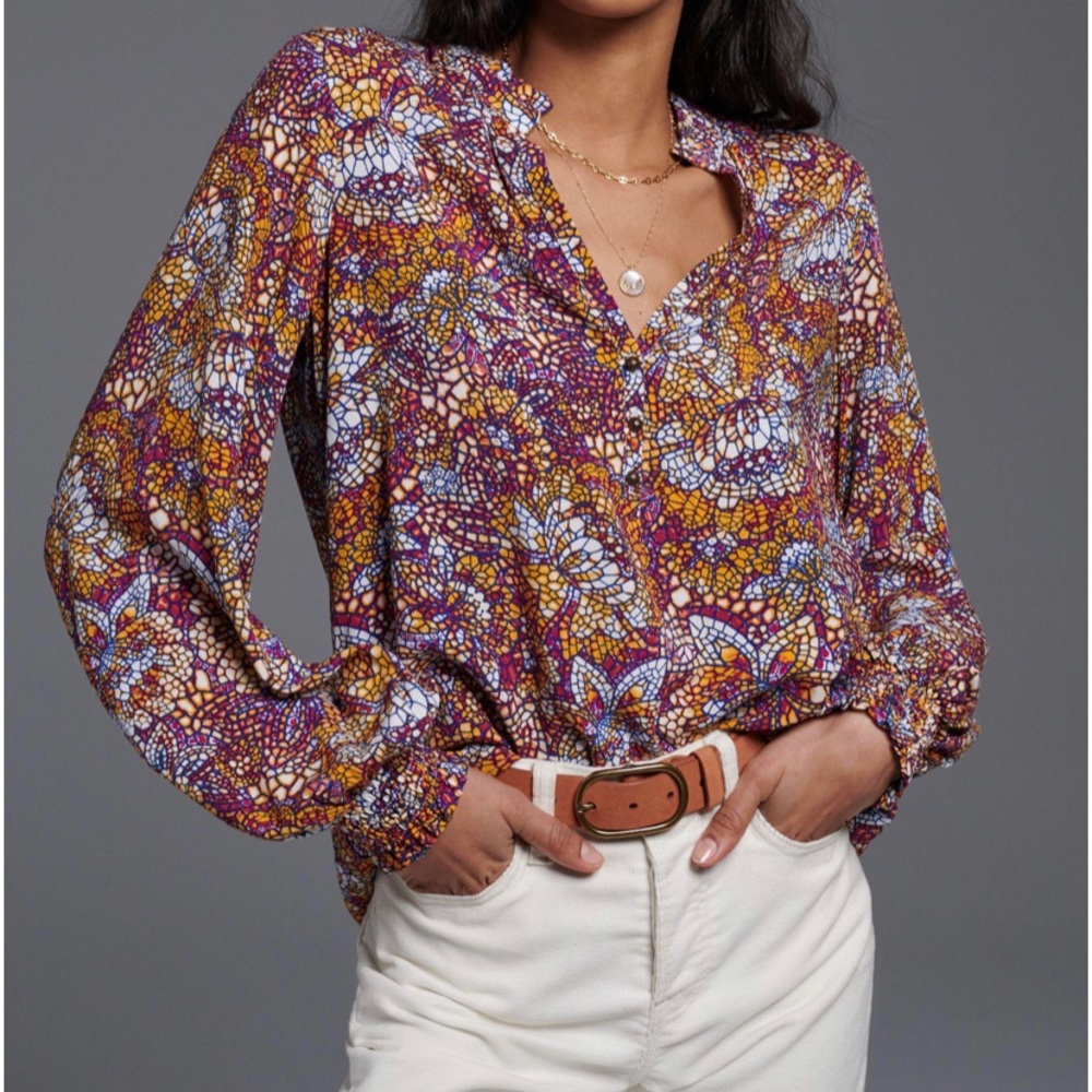 Anthropologie Maeve glass mosaic red & orange blouse women's size small